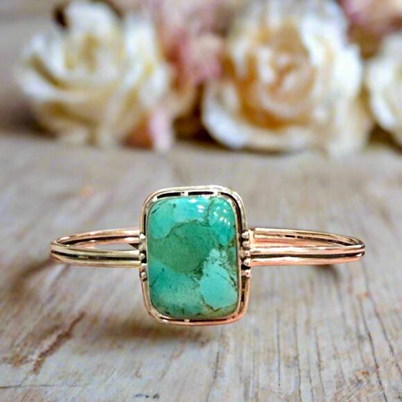 Square Green/Blue Turquoise Cuff 925 Silver Bracelet 1” Adjustable - Picture 5 of 7